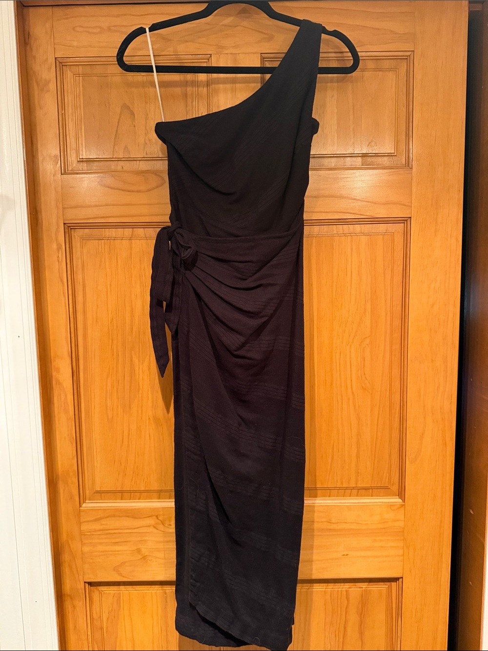 Free People One-Shoulder Black Midi Dress with Side Tie Detail
